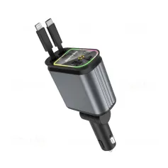 120W 4 in 1 Fast Charging Car Charger Retractable USB Charger with Ambient Light and 2 USB Ports Adapter Type C Apple Charger Port Cable