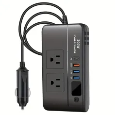 200W Car Inverter DC 12V to 110V AC Power Inverter for Car Charger Adapter with PD 20W USB-C Dual USB Ports and QC3.0 Fast Charging Port