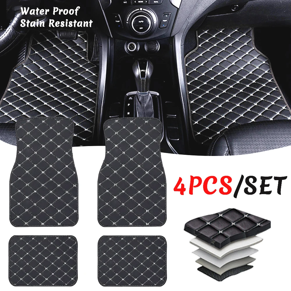 4pcs Universal Leather Car Floor Mats Car Floor Mats 5 Seater Non-slip Floor Liners Interior Accessories Car Carpet Cover
