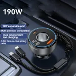 2-in-1 190W Car Lighter Charger Fast Charging with Retractable Data Cable Car Charge Adapter Socket USB Converter