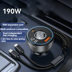 2-in-1 190W Car Lighter Charger Fast Charging with Retractable Data Cable Car Charge Adapter Socket USB Converter