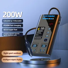Caricabatterie inverter per auto ad alta potenza da 200 W, convertitore multifunzione da 12 V a 110 V/220 V, tipo C, per ricarica rapida di telefoni cellulari con otto porte di uscita.