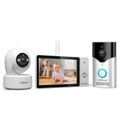 SriHome DH050-DH002-SH064 8MP 4K UHD Kit de monitor pentru bebeluși cu ecran tactil de 5 inchi WiFi Detectare plâns Alarmă de urmărire umană Audio pe 2 căi 5200mAh Sonerie de acasă Cameră pentru bebeluși Kit sonerie