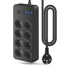2200W 12-in-1 Multitap Power Strip Socket with 8 AC EU Outlets+3 USB-A+1 USB-C Output Socket with 1.8M AC110-250V Extension Cord Home Office Surge Protector