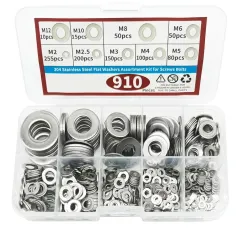 910pcs/200pcs 9 Sizes 304 Stainless Steel Flat Washers Assortment Kit M2 M2.5 M3 M4 M5 M6 M8 M10 M12 Suitable for Electronic Components