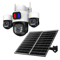 AOV 6MP HD Solar Powered Three Lens Security Camera 4G 360° Panoramic View Color Night Vision Red Blue Alarm Weatherproof AI Human Detection Wireless Outdoor Surveillance Camcorders