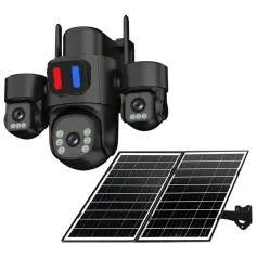 AOV 6MP HD Solar Powered Three Lens Security Camera 4G 360° Panoramic View Color Night Vision Red Blue Alarm Weatherproof AI Human Detection Wireless Outdoor Surveillance Camcorders