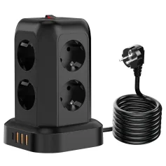 T13 10A 2200W 12-in-1 Vertical Tower Power Strip with 8 AC Outlets+3USB-A+1USB-C and 1.8M Extension Cord Surge Protection for Home Office AC100-250V