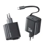 [GaN Tech] USAMS CC241 30W 2-Port USB Charger Built-in Type-C Telescopic Cable PD QC Fast Charging Wall Charger Adapter EU Plug for iPhone 16 16 Pro 15 Pro Max for Samsung Galaxy Z Flip6 for Xiaomi MIX Fold4