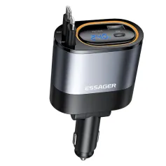 ESSAGER SHE-6001 45W Dual Retractable Cable Car Charger Adapter with USB-A+Type-C Port Support PD3.0 QC3.0 PPS FCP AFC Fast Charging with Blue LED for iPhone 16 16 Pro 15 14 13 for Samsung Galaxy S25 Ultra for Huawei Pura X for Xiaomi 15 Ultra