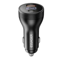 ESSAGER ES-CC17 100W 2-Port USB PD Car Charger Adapter with USB-A+Type-C PD3.0 QC3.0 AFC FCP SCP PPS VOOC Fast Charging with LED Digital Display for iPhone 16 16 Pro 15 14 13 Pro Max for Samsung Galaxy Z Flip6 for Xiaomi 15pro