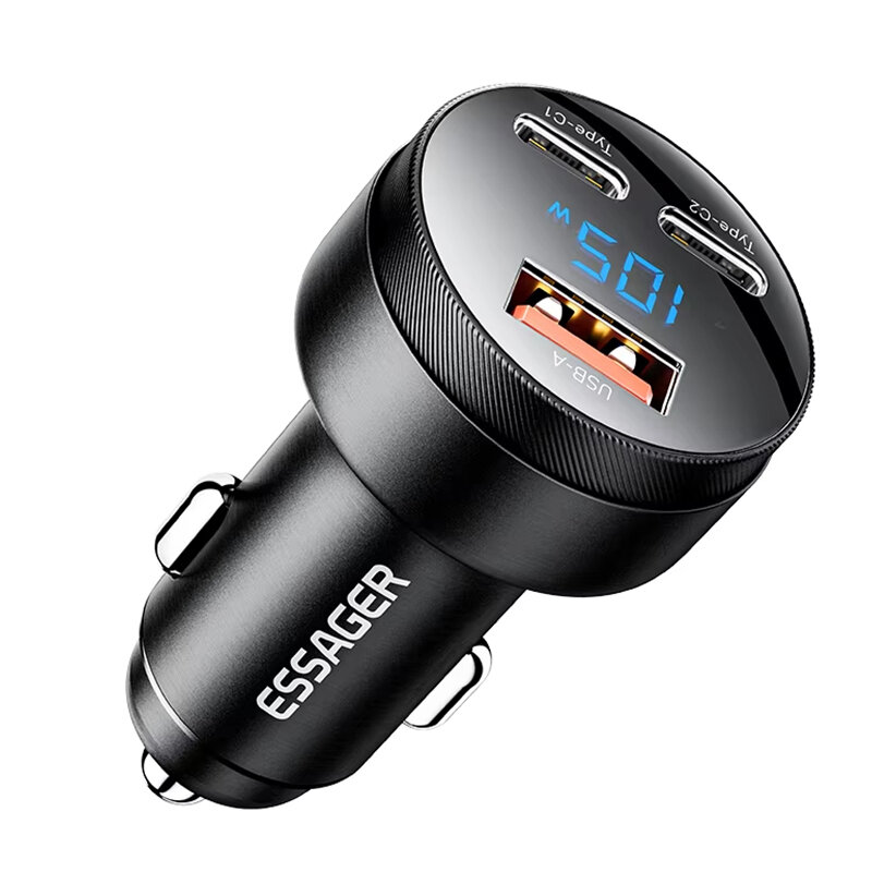 ESSAGER FSJ-008 105W 3-Port USB PD Car Charger Adapter USB-A+2USB-C PD PPS Fast Charging with Blue LED for iPhone 16 16Pro 15 14 13 for Xiaomi 15pro for Samsung Galaxy S25 Ultra for Huawei Mate 70
