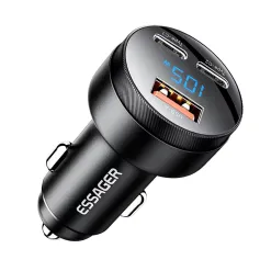 ESSAGER FSJ-008 105W 3-Port USB PD Car Charger Adapter USB-A+2USB-C PD PPS Fast Charging with Blue LED for iPhone 16 16Pro 15 14 13 for Xiaomi 15pro for Samsung Galaxy S25 Ultra for Huawei Mate 70