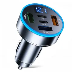 JMG 250W 5-Port USB PD Car Charger Adapter 3USB-A+2USB-C PD QC3.0 Fast Charging with Blue LED Digital Display for iPhone 16 16 Pro 15 14 13 Pro Max for Samsung Galaxy S25 Ultra for Huawei Pura X for Xiaomi 15pro