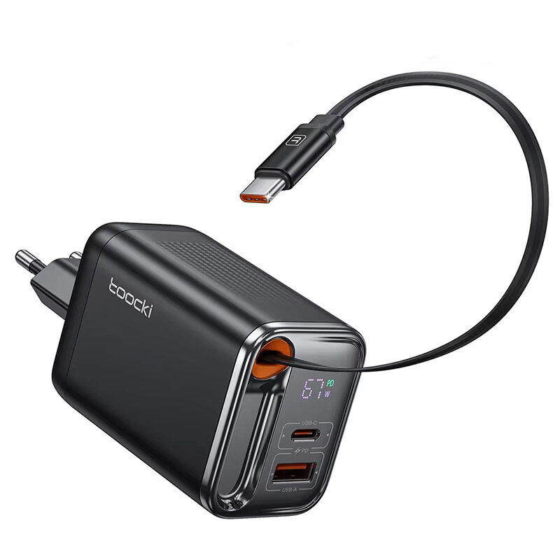 [GaN Tech] Toocki TCT67-34B1 67W 3-in-1 USB PD Charger with Retractable Cable PD Fast Charging Digital Display Wall Charger Adapter EU Plug for iPhone 16 16 Pro 15 14 13 Pro Max for Huawei Pura X for Xiaomi 15pro for Samsung Galaxy S25 Ultra