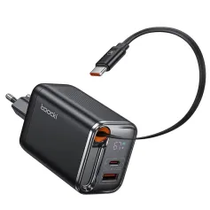 [GaN Tech] Toocki TCT67-34B1 67W 3-in-1 USB PD Charger with Retractable Cable PD Fast Charging Digital Display Wall Charger Adapter EU Plug for iPhone 16 16 Pro 15 14 13 Pro Max for Huawei Pura X for Xiaomi 15pro for Samsung Galaxy S25 Ultra