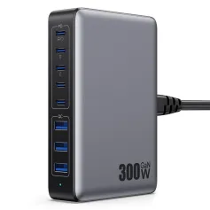 [GaN Tech] 300W 8-Port USB PD Charger 5USB-C+3USB-A QC PD Fast Charging Desktop Charging Station EU Plug for iPhone 16 15 Pro 14 13 Pro Max 12 for Huawei Pura X for Samsung Galaxy S25 Ultra for Xiaomi 15pro