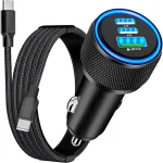 67W 3-Port USB PD Car Charger Adapter USB-A+2USB-C PD3.0/2.0 QC4.0+/03.0/2.0 Support PPS FCP AFC DCP BC1.2 Fast Charging with Blue LED for iPhone 16 16 Pro 15 14 13 Pro Max for Huawei Pura X for Xiaomi 15pro for Samsung Galaxy S25 Ultra