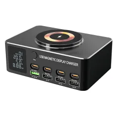 Bakeey WLX-818D+ 140W 8-Port USB PD Charger with Magnetic Wireless Charger Pad 4USB-A+4USB-C PD QC3.0 Fast Charging Desktop Charging Station EU Plug US Plug for iPhone 16 16 Pro 15 14 Plus 13 12 Pro Max for HUAWEI XIAOMI for MacBook Pro for iPad Pro