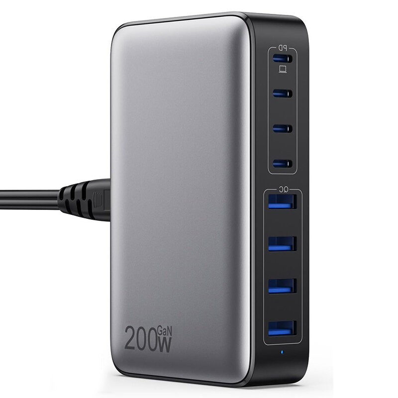 [GaN Tech] 200W 8-Port USB PD Charger 4USB-A+4USB-C PD QC Fast Charging Desktop Charging Station EU Plug for iPhone 16 16 Pro 15 14 13 Pro Max for Huawei Pura X for Xiaomi 15 Pro for Samsung Galaxy S25 Ultra