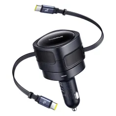 Baseus BSCC-TX-0-CC 60W 2-Port USB PD Car Charger Adapter Built-in Type-C+Type-C Retractable Cable Support PD QC SCP AFC PPS Fast Charging for iPhone 16 15 Pro 14 13 12 Pro Max for Samsung Galaxy Z Flip6 for Xiaomi 15pro for Huawei Mate XT