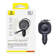Baseus Primetrip VR2 30W 2-Port USB Car Charger Adapter Retractable USB-C Cable+USB-C Port Support PD QC SCP Fast Charging for iPhone 16 15 Pro 14 13 12 Pro Max for Xiaomi MIX Flip 2 for Huawei Pura Ultra2