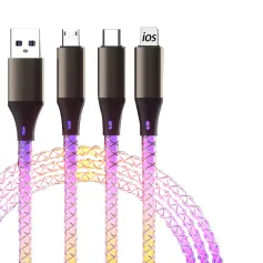 6 А 66 Вт USB-A к Type-C / iP / Micro USB RGB градиентный кабель быстрая зарядка передача данных медная жила линия длиной 1,2 м для iPhone 16 16 Pro 15 15 Plus 13 12 для Huawei Mate XT для Xiaomi 15pro для Samsung Galaxy Z Flip6