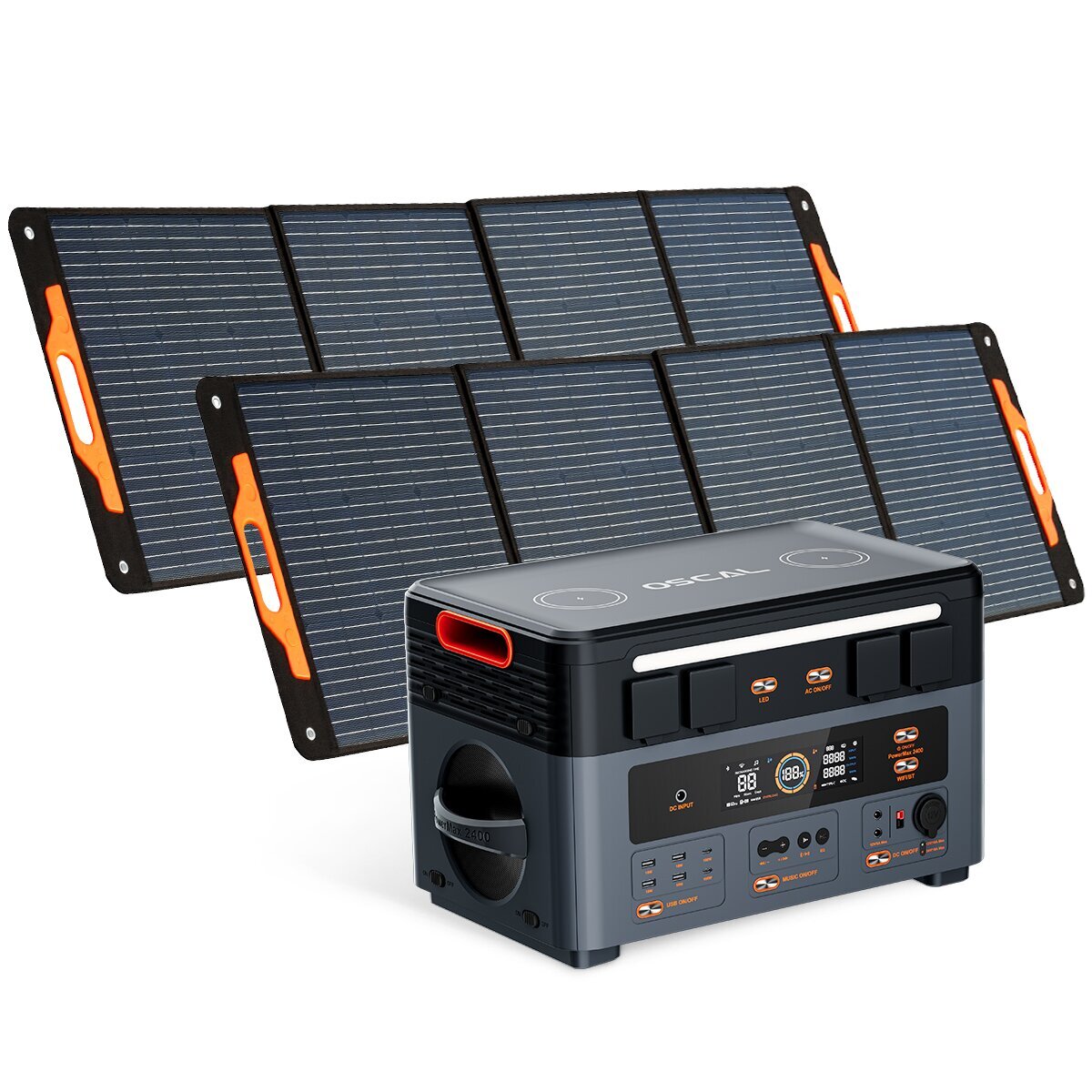 [US irect]Blackview OSCAL PowerMax2400 Dual-speaker Portable Power Station with Solar Panel Kit/Battery Pack Kit 1872Wh to 20592Wh LiFePO4 Battery Pack Power Bank with 16 Outlets Wireless Charging Emergency Power Backup for Camping House Trolling