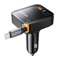 ESSAGER F760 65W 3-Port USB PD Car Charger Adapter with USB-A+Type-C+Type-C Retractable Cable Support PD3.0 QC3.0 AFC FCP PPS iP2.4A Fast Charging for iPhone 16 15 Pro 14 13 12 Pro Max for Huawei Mate XT for Xiaomi 15pro