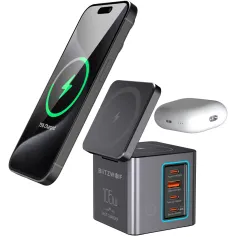 [GaN Tech] Blitzwolf BW-i113 105W 6-in-1 Desktop Charging Station with Wireless Charger PD QC Fast Charging with LED Light EU Plug for iPhone 16 16 Pro 15 14 13 Pro Max for iPad Pro for Macbook Pro for Airpods for Apple Watch