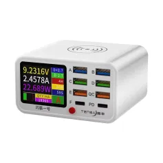 TENSAJ Shanba No.1 65W 8-Port USB Wireless Charger Station with LCD Digital Display 6USB-A+2USB-C PD QC3.0 FCP SCP AFC Fast Charging Desktop Charging Station EU Plug for iPhone 16 16 Pro 15 14 13 Pro Max for Huawei Pura X for Xiaomi 15pro