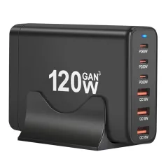 [GaN Tech] 120W 6-Port USB PD Charger 3USB-A+3USB-C Fast Charging Desktop Charging Station EU Plug for iPhone 15 14 13 for Huawei Pura 70 Ultra for Xiaomi 14pro for Samsung Galaxy S24