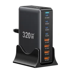[GaN Tech] ESSAGER YMX-320W 320W 8-Port USB PD Charger 4USB-A+4USB-C PD3.0 QC4.0 PPS SCP AFC FCP Fast Charging Desktop Charging Station EU Plug for iPhone 16 15 Pro 14 13 Pro Max for Samsung Galaxy Z Flip6 for Xiaomi MIX Fold4