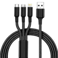 Cabo USB-A 2A para Tipo C/Micro/iP com carregamento rápido, núcleo trançado de nylon, 1,2 m de comprimento para iPhone 14 Pro, Huawei P50, ViVo Y70s e Xiaomi Mi13