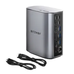 BlitzWolf? BW-TH15 Estação de Ancoragem USB C 17 em 1 com Tela Dupla HD 4K/60Hz, USB 3.0, USB 3.2, Transmissão de Dados de 10 Gbps, Porta Ethernet RJ45, Carregamento Rápido PD de 100 W