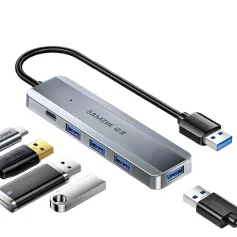 SAMZHE 5 in 1 USB3.0 Hub Docking Station USB Adapter with USB3.0*4 / PD USB-C for Phone PC Laptop Matebook