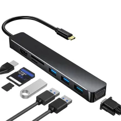 Estação de encaixe Pobod 7 em 1 Tipo C, adaptador USB com USB 3.0*3, VGA, HDMI, leitor de cartão SD/TF, hubs USB multifuncionais para PC, laptop e telefone