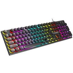 T-WOLF T80 USB Wired Round Keyboard 104Keys Rainbow RGB Backlight Gaming Keyboard Mechanical Feel Computer Punk Button Keyboard