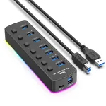 7 in 1 RGB USB3.0 Hub Docking Station with 5Gbps USB3.0*7 Multiports Splitter Adapter with Independent Switch for Phone Keyboard Mouse Printer MacBook Pro
