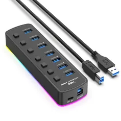 7 in 1 RGB USB3.0ハブドッキングステーション、5Gbps USB3.0*7マルチポートスプリッターアダプター、電話、キーボード、マウス、プリンター、MacBook Pro用独立スイッチ付き
