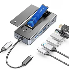 ORICO 8-in-1 USB-C Hub with M.2 NVMe SATA SSD Enclosure Laptop Docking Station Adapter with HD 4K/60Hz USB3.2 Gen2 USB2.0*2 PD 100W RJ45 1000M