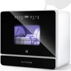 BLITZHOME? Lava-louças portátil de bancada BH-6-CDW com tanque de água embutido de 5,2 L, 9 programas, secagem por ar quente PTC, 3D, 360°, 3 braços de pulverização, economia de água