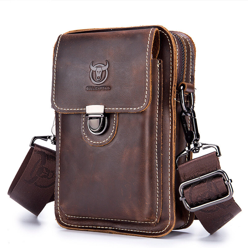 BULLCAPTAIN Men Casual Waist Bag Belt Purse Genuine Leather Multifunctional Shoulder Messbage Bag Mobile Phone Crossbody Bags Waist Pack