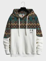 Mens Argyle Pattern Smile Embroidered Patchwork Loose Drawstring Hoodies