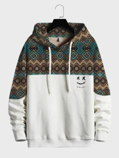 Mens Argyle Pattern Smile Embroidered Patchwork Loose Drawstring Hoodies