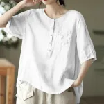 ZANZEA Women Plus Size Blouse Cotton Linen Solid Button Pocket Casual Short Sleeve Shirt