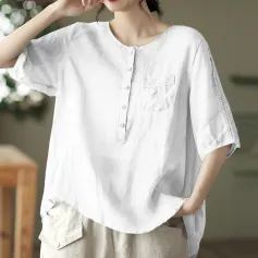 ZANZEA Women Plus Size Blouse Cotton Linen Solid Button Pocket Casual Short Sleeve Shirt