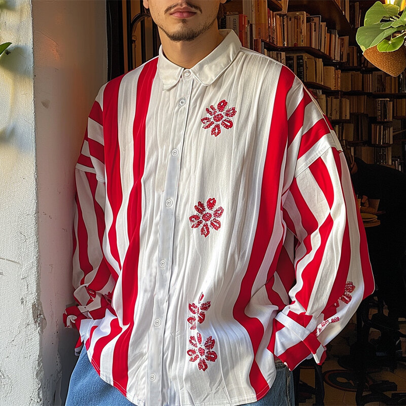 INCERUN Mens Floral Print Striped Long Sleeve Shirt Fashion Casual Button Up Lapel Top for Male Loose Fit S-5XL
