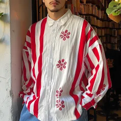 INCERUN Mens Floral Print Striped Long Sleeve Shirt Fashion Casual Button Up Lapel Top for Male Loose Fit S-5XL
