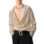 INCERUN Mens Shirts Solid Color Long Sleeve Top Shirts Summer Fashion Stacked Neck Top Shirts Party Male Clothing
